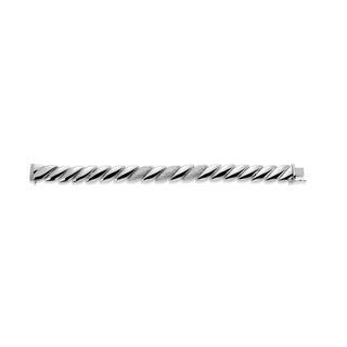Silver bracelet with a twisted design on a white background