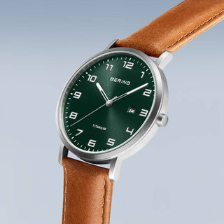 Bering Green Dial Titanium Leather Watch | 18640-568 | Bering Watches