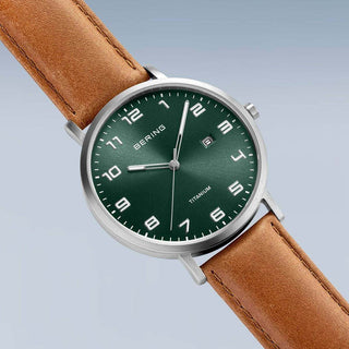 Bering Green Dial Titanium Leather Watch | 18640-568 | Bering Watches