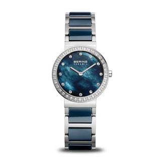 Bering watch with blue and silver design on a white background