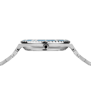 Close-up of a watch with a blue face and silver band on a white background