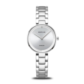 Silver Bering watch with diamond accents on a white background