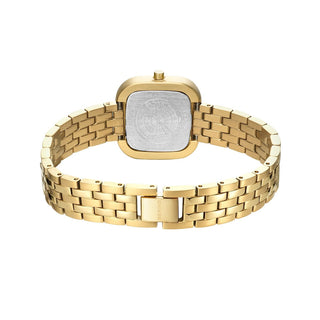 Gold watch with a white face on a white background