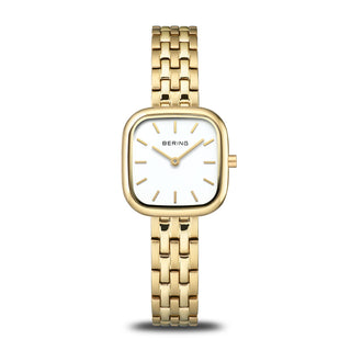 A Bering ladies' watch with a polished gold case and strap, featuring a white dial, displayed against a plain background.