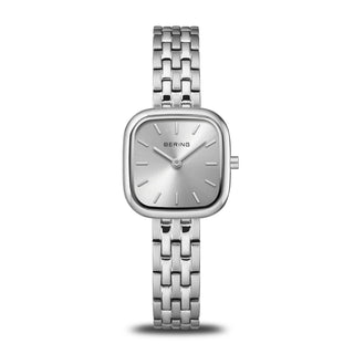 A brushed silver BERING ladies cushion watch with a stainless steel bracelet and a white dial.