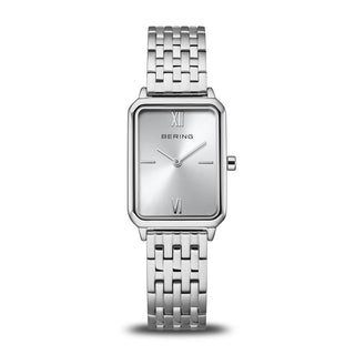 Silver Bering watch with a rectangular face on a white background