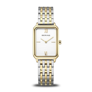 Two-tone watch with silver and gold band on a white background