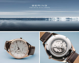 Bering watch with brown leather strap and white face, displayed against a blue background.