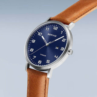 Bering Men's Titanium Blue Dial Brown Leather Watch