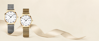 Two gold watches with mesh straps on a beige background