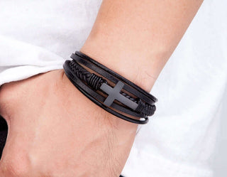 Stainless Steel Cross Leather Bracelet