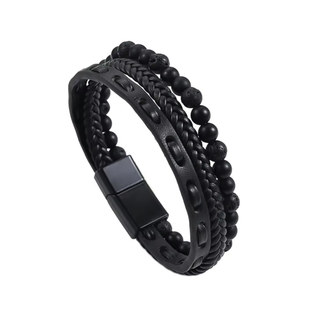 Black braided leather and bead bracelet on a white background