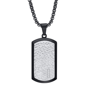 Dog tag pendant with textured surface and chain on a white background