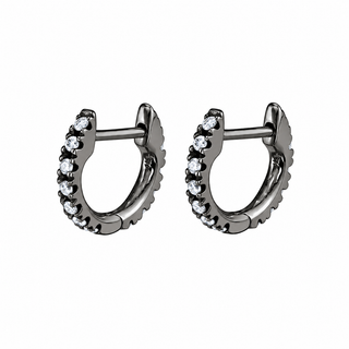 A pair of small huggie hoop earrings in a dark gunmetal gray finish, each adorned with a row of clear pavé-set cubic zirconia stones, shown against a plain white background.