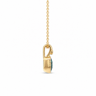 A gold pendant necklace featuring a small, polished gold padlock-shaped charm with a dark green stone inset, suspended from a delicate gold chain against a solid white background.
