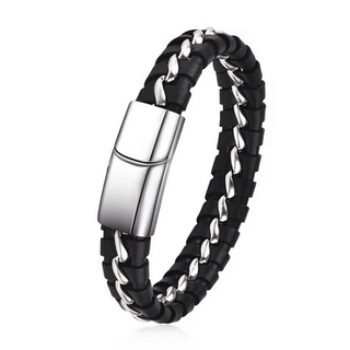 Black Stainless Steel Weave Wide Leather Bracelet