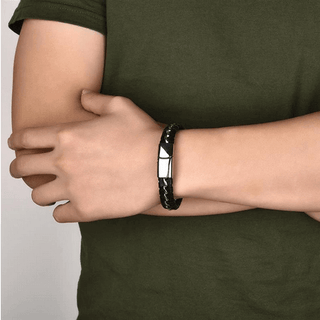 Black Stainless Steel Weave Wide Leather Bracelet