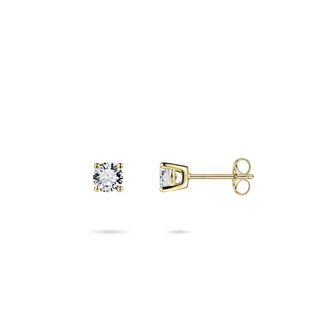 Gold stud earrings with clear gemstones on a white background