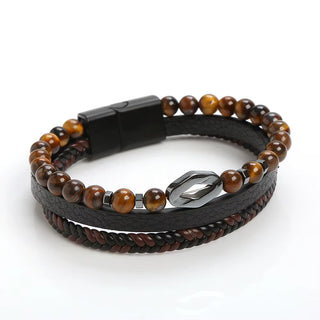 Tigers Eye and Brown Leather Multi-Strand Bracelet