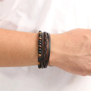 Brown Tiger's Eye and Leather Multi-Strand Bracelet