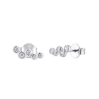 A pair of silver bubble stud earrings with cubic zirconia embellishments, one earring with the studs facing up and the other with the studs facing down.