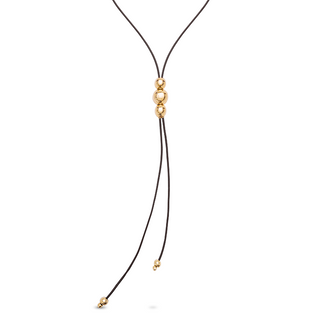 Black Leather necklace with gold beads on a white background