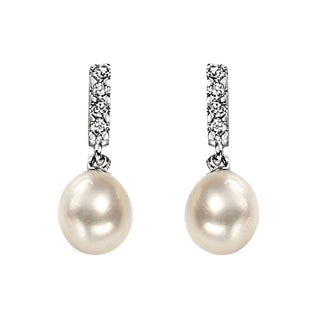 Silver Pearl & CZ Bar Drop Earrings