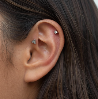 Square CZ and Triangle cartilage stud in womens ear