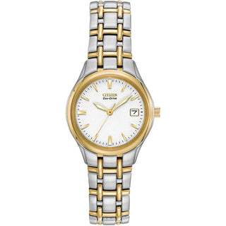 Two-tone watch with gold and silver bracelet on a white background
