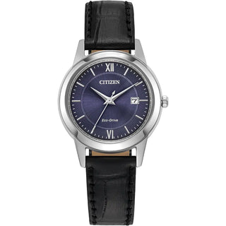 Citizen watch with black leather strap and blue dial on a white background