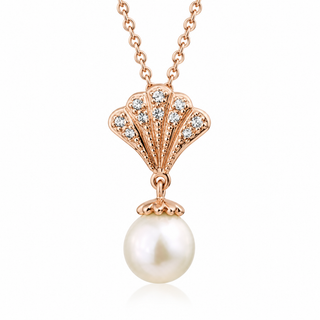 Clogau Rose gold shell pendant necklace with small clear stones and a single white pearl drop, shown on a white background.