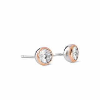Pair of rose gold and silver earrings with clear gemstones on a white background