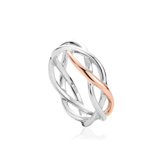 A Clogau Celtic Weave ring featuring a silver and rose gold pattern.