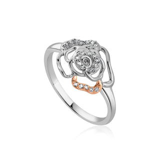 Silver ring with rose design on a white background