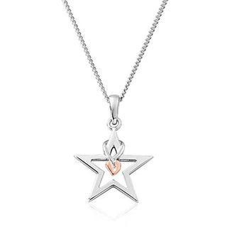 A silver star-shaped pendant with a Tree of Life design, featuring small heart-shaped accents, suspended from a chain.
