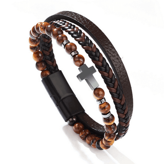 Brown Leather Tiger's Eye Cross Bracelet