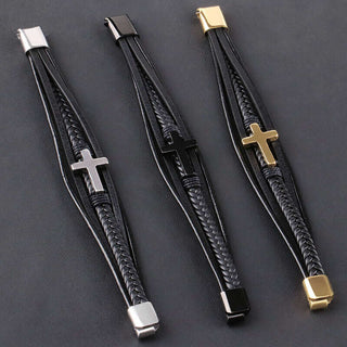 Stainless Steel Cross Leather Bracelet