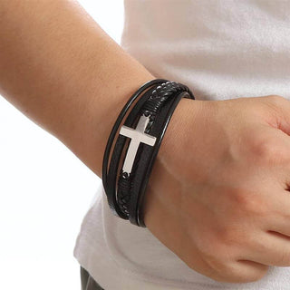 Stainless Steel Cross Leather Bracelet