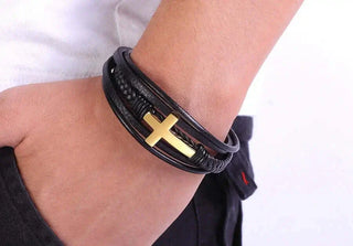 Stainless Steel Cross Leather Bracelet