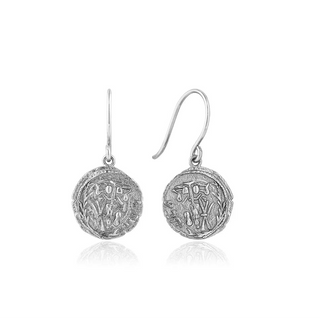 Pair of silver hook drop earrings with intricate designs on a white background
