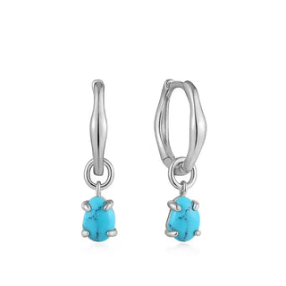 Silver Turquoise Drop Wave Huggie Hoop Earrings