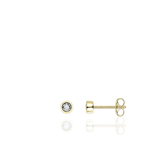 Gold stud earrings with a clear gemstone on a white background