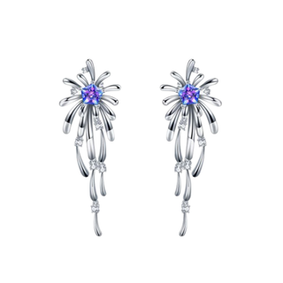 Silver earrings with floral design and purple gemstones on a white background