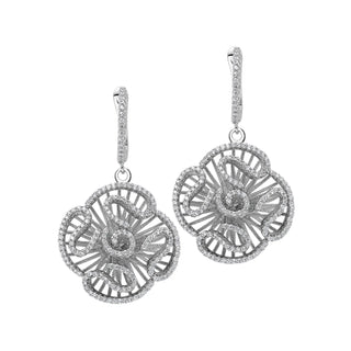 Pair of silver floral earrings on a white background