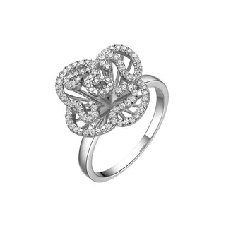 Silver ring with floral design on a white background