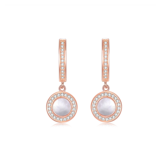 Rose gold earrings with round gemstones on a white background