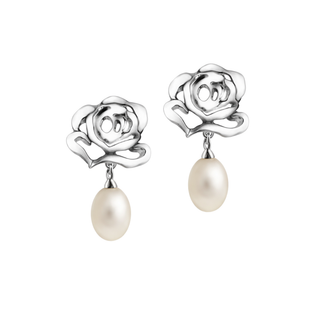 Silver drop earrings featuring a rose design stud earring with a white freshwater peal drop below