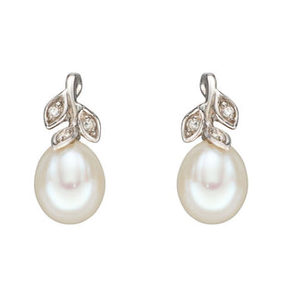 9ct White Gold Diamond Leaf Pearl Earrings