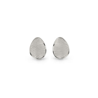 Pair of silver teardrop-shaped earrings on a white background