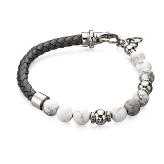 Gents Howlite Bead & Grey Leather Bracelet